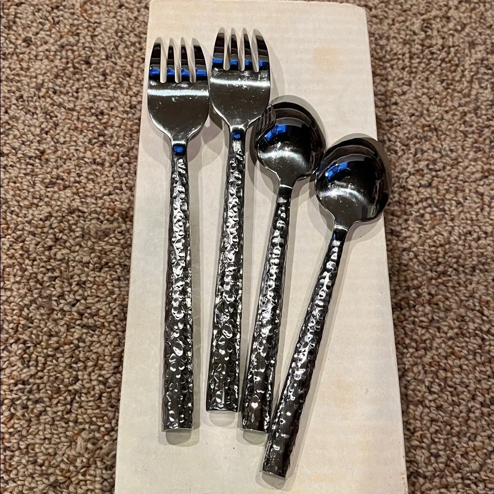 World Market heavy hammered stainless steel flatware 2 dinner forks 2 spoons EUC